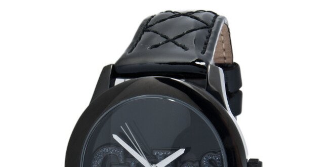 Dámske čierne oceľové hodinky s trblietavým nápisom Guess