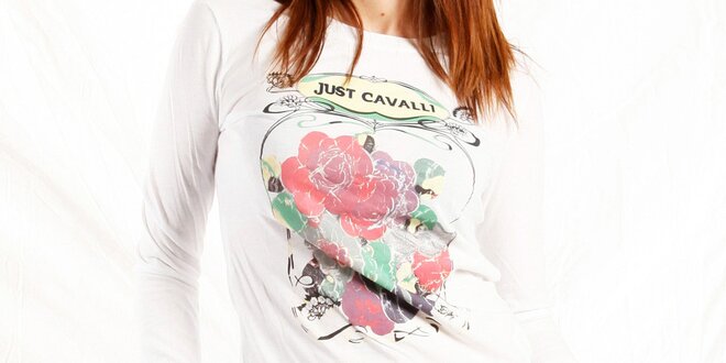 Dámske biele tričko Just Cavalli s potlačou ruží