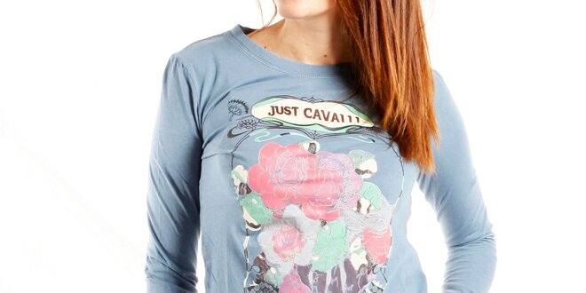 Dámske svetlo modré tričko Just Cavalli s potlačou ruží