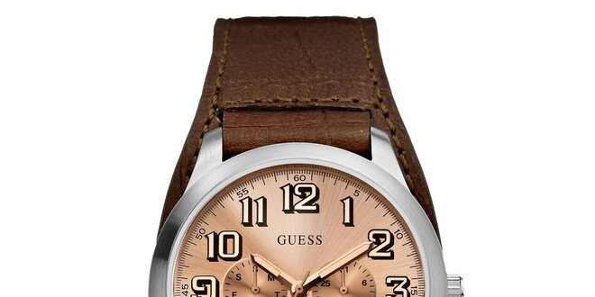 Pánske oceľové hodinky s koženým hnedým remienkom Guess