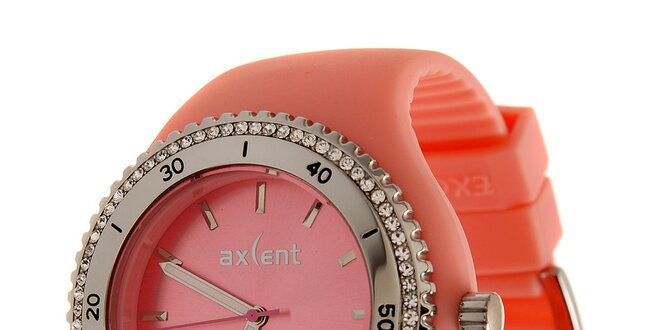 Dámske korálovo ružové náramkové hodinky Axcent s pryžovým remienkom a kamienkami
