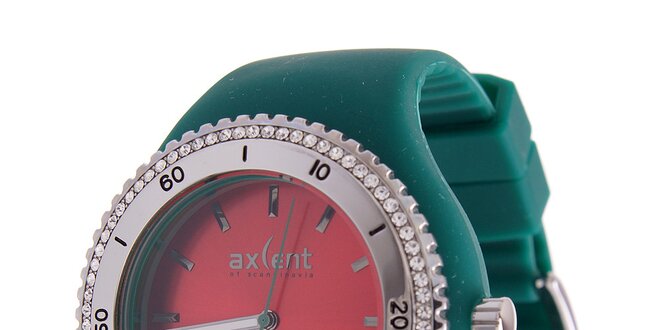 Dámske hodinky Axcent so zeleným gumovým remienkom a kamienkami