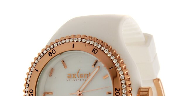 Dámske zlaté ocelové hodinky Axcent s bielym pryžovým remienkom