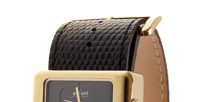 Dámske zlaté hodinky Axcent s čiernym koženým remienkom
