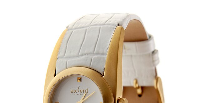 Dámske zlaté hodinky Axcent s bielym koženým remienkom