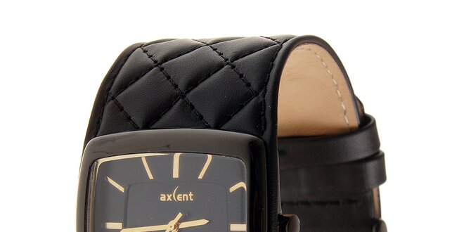 Dámske čierne hodinky Axcent s čiernym prešívaným remienkom a zlatými axcentmi