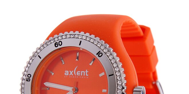 Dámske sýto oranžové náramkové hodinky Axcent s pryžovým remienkom a kamienkami