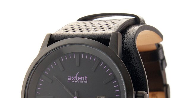 Čierne ocelové hodinky Axcent s čiernym koženým remienkom a fialovými prvkami
