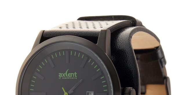Čierne ocelové hodinky Axcent s čiernym koženým remienkom a zelenými prvkami