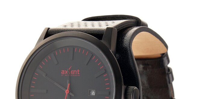 Čierne ocelové hodinky Axcent s čiernym koženým remienkom a červenými prvkami