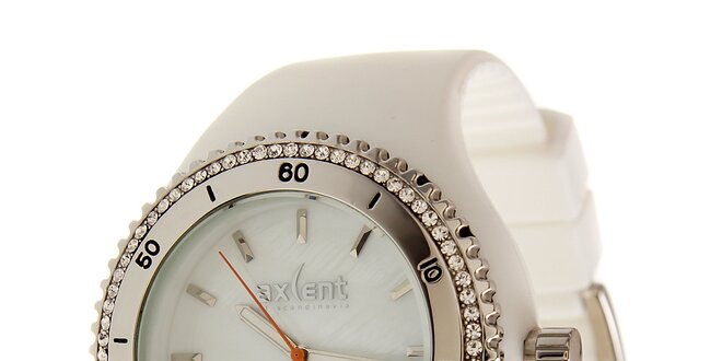 Dámske biele náramkové hodinky Axcent s pryžovým remienkom a kamienkami