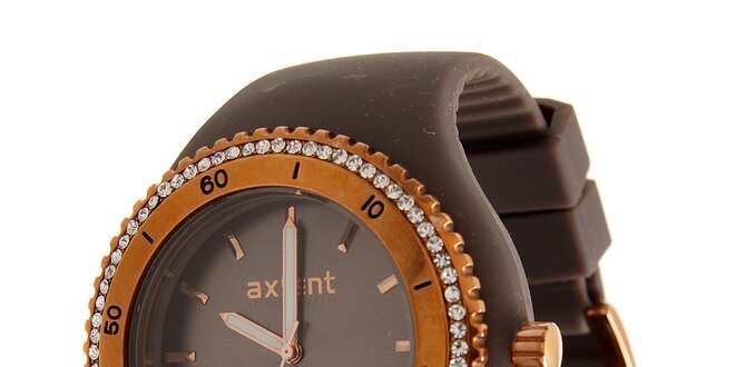 Dámske zlaté ocelové hodinky Axcent s tmavo hnedým pryžovým remienkom