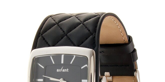 Dámske strieborné hodinky Axcent s čiernym prešívaným remienkom