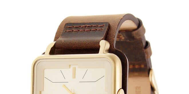 Zlaté hodinky Axcent s hnedým koženým remienkom