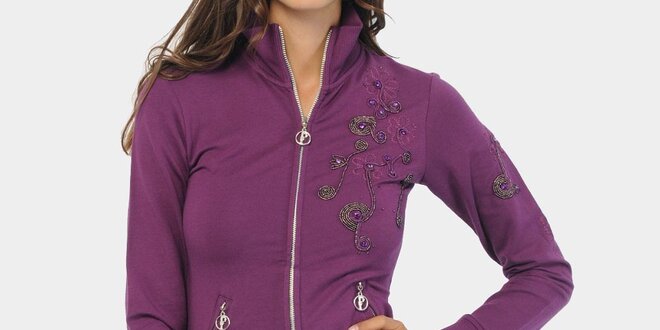 Dámska fialová mikina s korálkovou výšivkou ODM Fashion