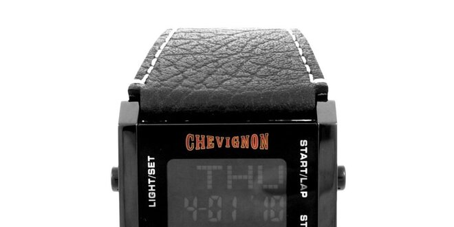 Čierne digitálne hodinky Chevignon s koženým remienkom