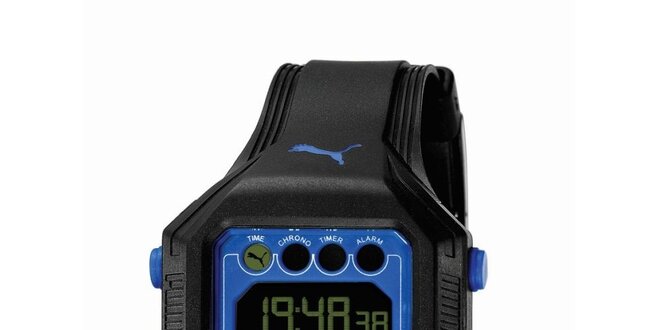 Pánske čierne digitálne hodinky Puma s modrou linkou