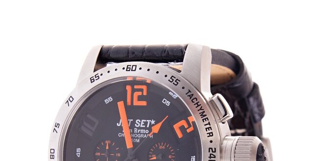Pánske oceľové hodinky Jet Set s čiernym koženým remienkom a oranžovými indexami