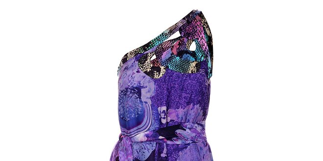 Dámske fialové hodvábne šaty Custo Barcelona s potlačou a kamienkami