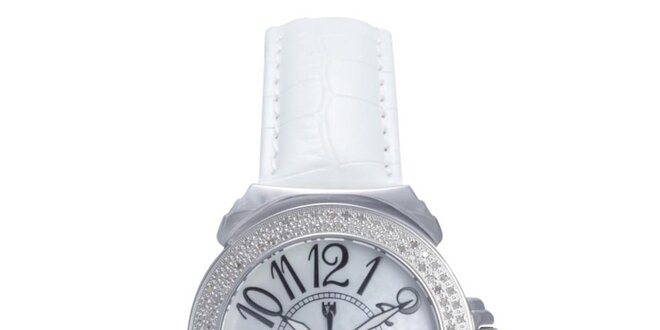 Dámske analógové hodinky s bielym remienkom a diamantmi Lancaster