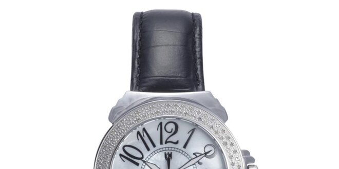 Dámske analógové hodinky s čiernym remienkom a diamantmi Lancaster