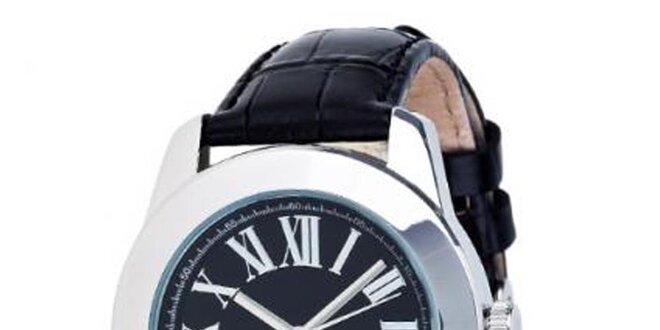 Dámske strieborné hodinky s čiernym remienkom a rímskymi číslicami Lancaster
