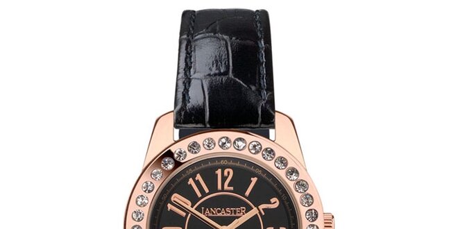 Dámske hodinky s kamienkami, čiernym remienkom a s púzdrom vo farbe ružového zlata Lancaster