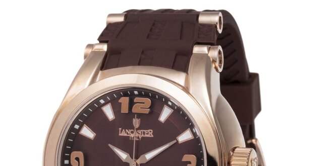 Pánske pozlátené hodinky Lancaster s hnedým remienkom