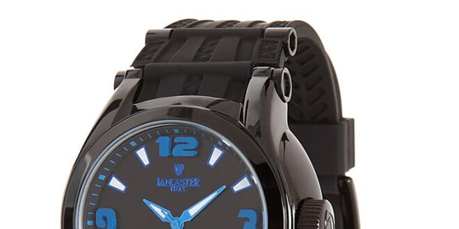Pánske čierne analogové hodinky s modrými detailmi Lancaster