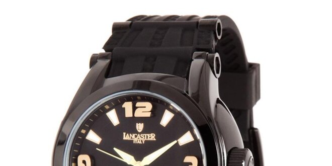 Pánske čierne analogové hodinky so zlatými detailmi Lancaster