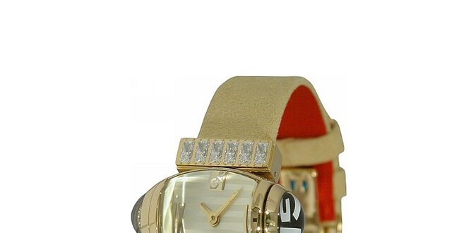Dámske zlaté náramkové hodinky Gianfranco Ferré s bielym ciferníkom a koženým remienkom