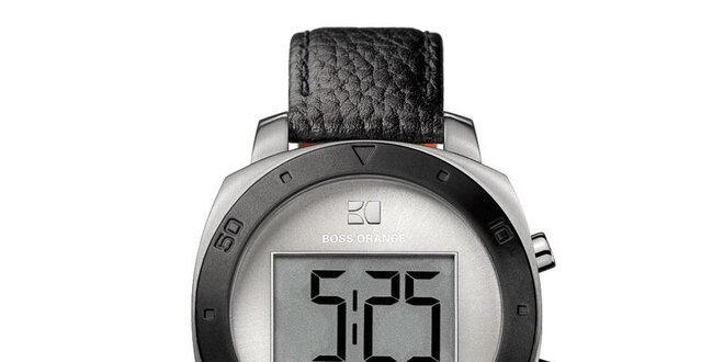Guľaté digitálne hodinky s čiernym remienkom Hugo Boss Orange