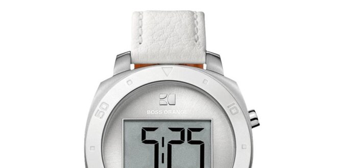 Guľaté digitálne hodinky s bielym remienkom Hugo Boss Orange