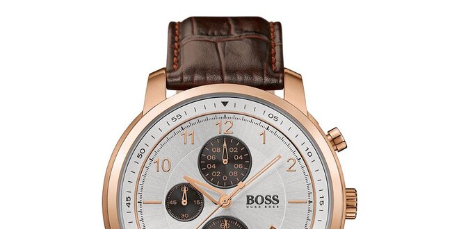 Pánske analógové hodinky s hnedým koženým remienkom a chronografom Hugo Boss