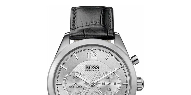Pánske analógové hodinky s čiernym koženým remienkom a chronografom Hugo Boss