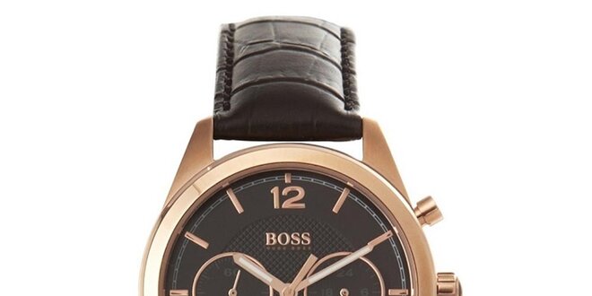 Pánske analógové hodinky s čiernym remienkom, chronografom a pozláteným púzdrom Hugo Boss