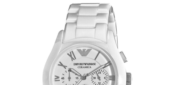 Biele hodinky s chronografom a dátumovkou Emporio Armani