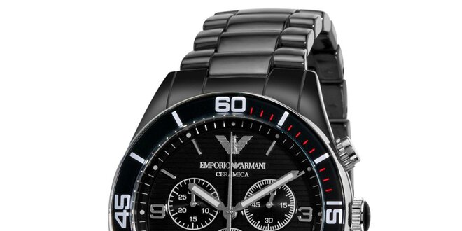 Čierne hodinky s chronografom a dátumovkou Emporio Armani