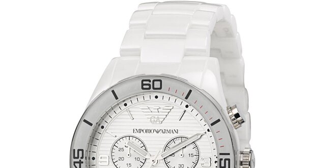 Strieborné hodinky s bielym remienkom Emporio Armani