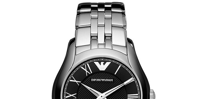 Pánske strieborné hodinky s čiernym ciferníkom Emporio Armani