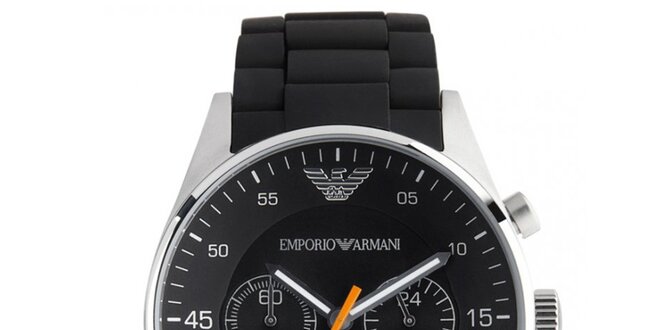 Čierne guľaté hodinky s oranžovou sekundovkou Emporio Armani