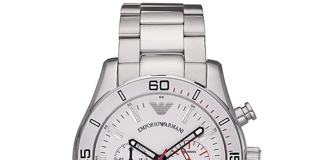 Pánske strieborné oceľové hodinky s červenými detailmi Emporio Armani