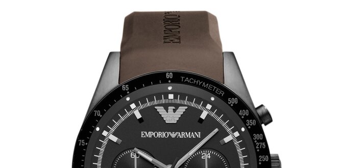 Pánske čierne hodinky s hnedým remienkom Emporio Armani