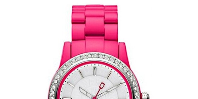 Dámske analógové hodinky s kamienkami na lunete a ružovým remienkom DKNY