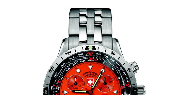 Pánske strieborné hodinky s chronografom a oranžovým ciferníkom Swiss Military