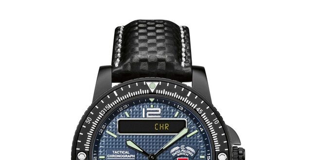 Pánske čierne analogo-digitálne hodinky s modrým ciferníkom Swiss Military
