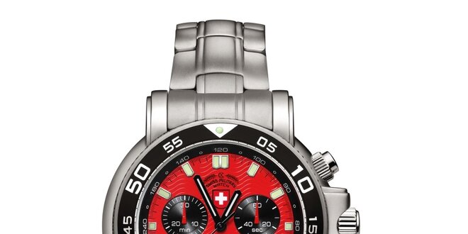 Pánske strieborné hodinky s chronografom a červeným ciferníkom Swiss Military