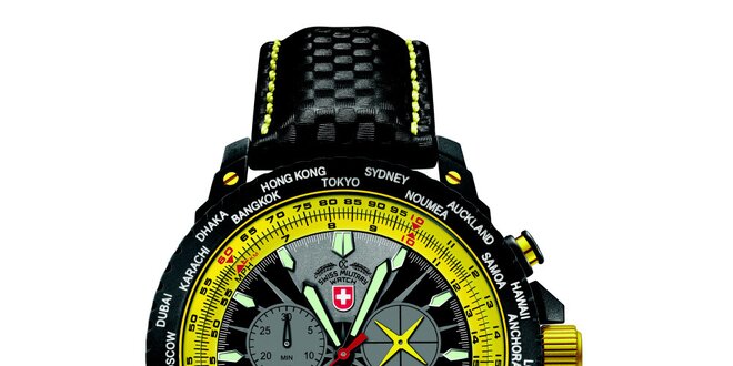 Pánske čierne hodinky s chronografom a žltými prvkami Swiss Military