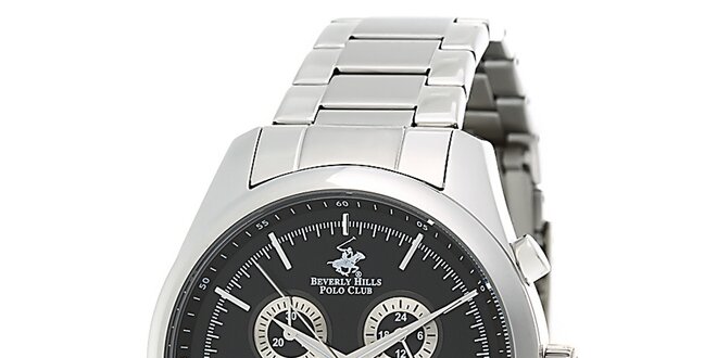 Pánske strieborné ocelové hodinky s čiernym ciferníkom Beverly Hills Polo Club