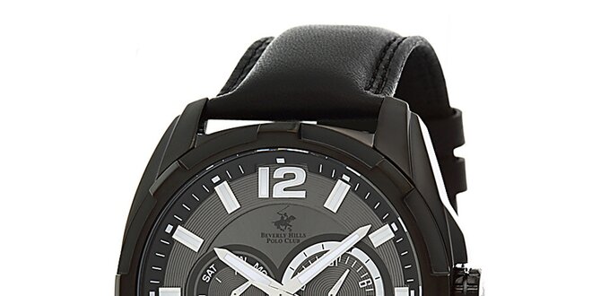 Pánske čierne hodinky s originálnym ciferníkom Beverly Hills Polo Club